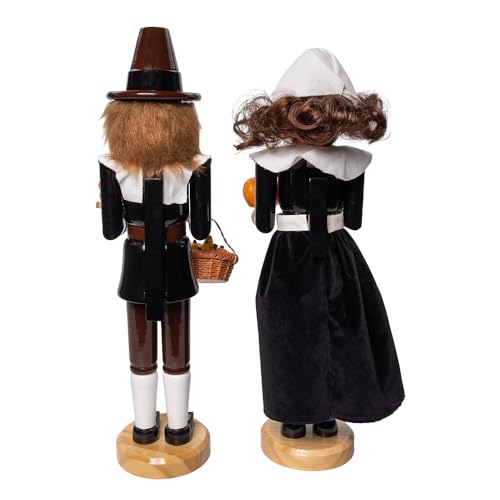 15-Inch Pilgrim Man & Woman Wooden Nutcracker Set - Thanksgiving Decor