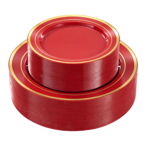 Red Plastic Dinner & Dessert Plates Set 100PCS with Gold Rim - Party Supplies