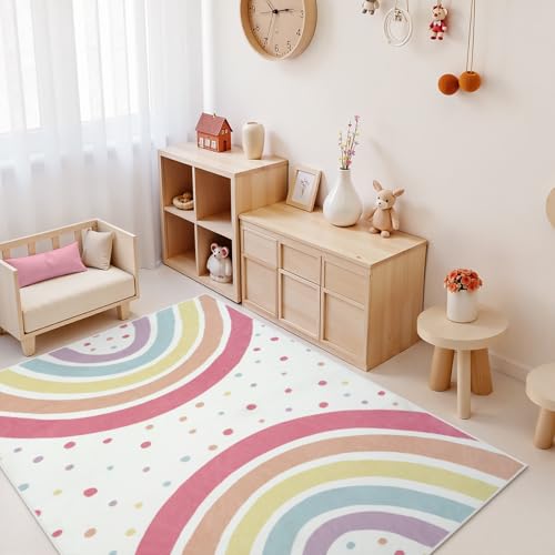 Washable Rainbow Area Rug for Kids Bedroom, 5x7 Soft Non-Slip Nursery Carpet
