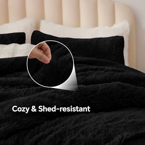 BEDELITE Black Faux Fur Comforter Set Queen - Fluffy Warm Cozy Bedding