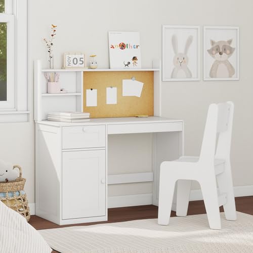 Kids Study Desk and Chair Set with Storage Hutch for Ages 5-12