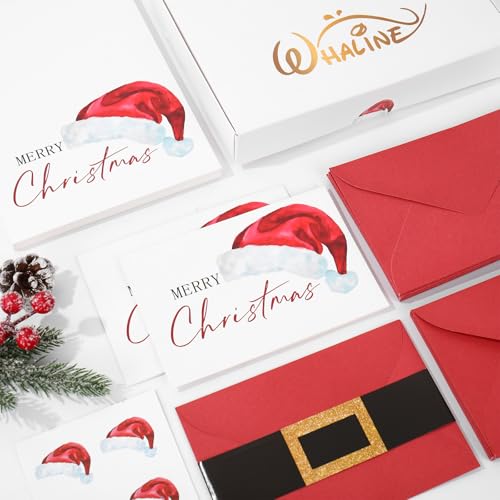Whaline 50 Xmas Greeting Cards with Envelopes & Stickers, 4x6 inch Santa Claus Notes