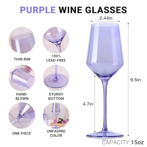 Physkoa Purple 15oz Hand-Blown Crystal Wine Glasses, Set of 6 Stemware