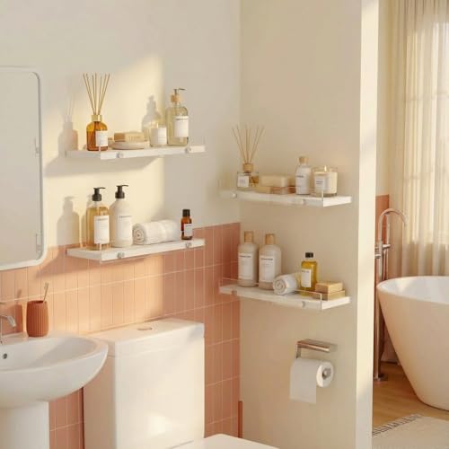 15.7" Rustic Floating Wall Shelves with Acrylic Lip, 3 Pack White