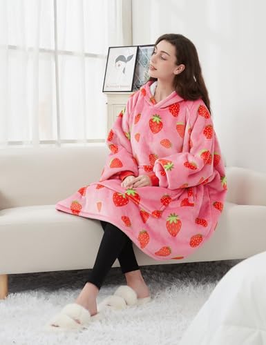 Oversized Strawberry Wearable Blanket Hoodie with Sherpa Lining