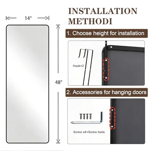 14" x 48" Full Length Over The Door Mirror, Shatterproof Wall Body Mirror