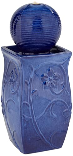 29-Inch Ceramic Outdoor Floor Fountain with LED Light, Blue Sphere Design