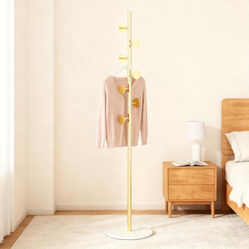 Freestanding Gold Coat Rack with Marble Base & 7 Hooks - 67 Inch