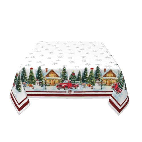 Barneova 54x54 Inch Water-Resistant Christmas Tablecloth with Cedar and Red Truck Design, Reusable Holiday Decor