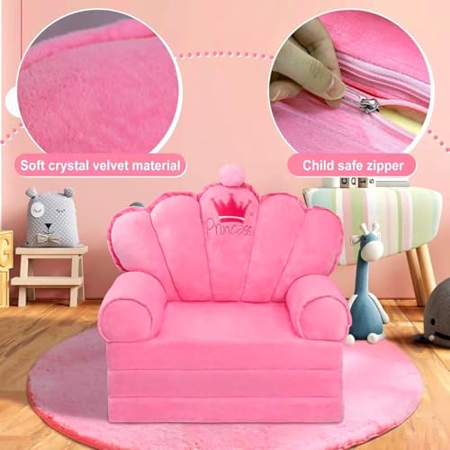 2-in-1 Foldable Toddler Couch and Sofa Bed - Pink Crystal Velvet Kids Chair