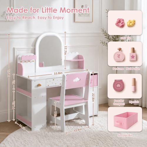 Kids Wooden Vanity Table and Chair Set with 3-Color Lighted Mirror