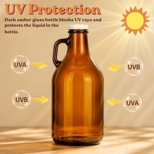 32 oz Amber Glass Growlers with Airtight Lids and Handles - 3 Pack Jugs
