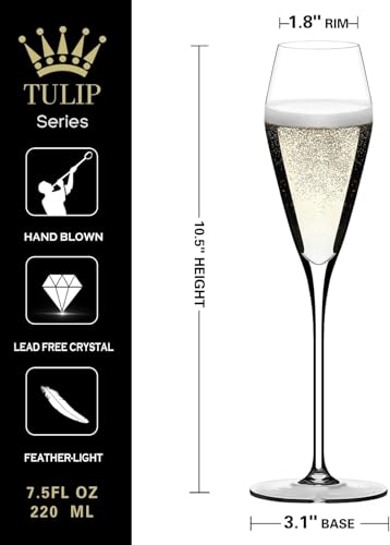 Hand-Blown Crystal Champagne Flutes - 7.5oz Tulip Glasses, Set of 4