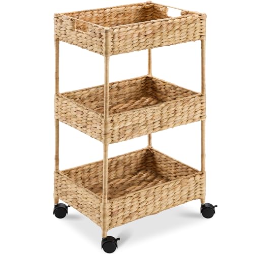 3-Tier Water Hyacinth Rolling Utility Cart - Woven Storage Caddy with Wheels