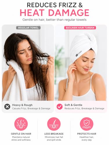 BIOLINEN White Cotton Hair Towel Wrap 3 Pack - 10x25 Inch Quick Dry Turbans