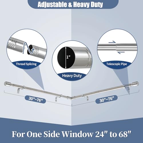 Heavy Duty 1-Inch Adjustable Corner Curtain Rod Set, 30-76 Inch, Silver