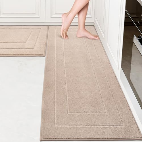 2-Piece Kitchen Rug Set, Non-Slip Washable Runner Mats, Beige
