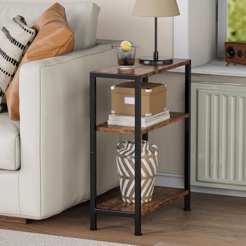 3-Tier Narrow Side Table, Slim End Table for Small Spaces, Rustic Brown