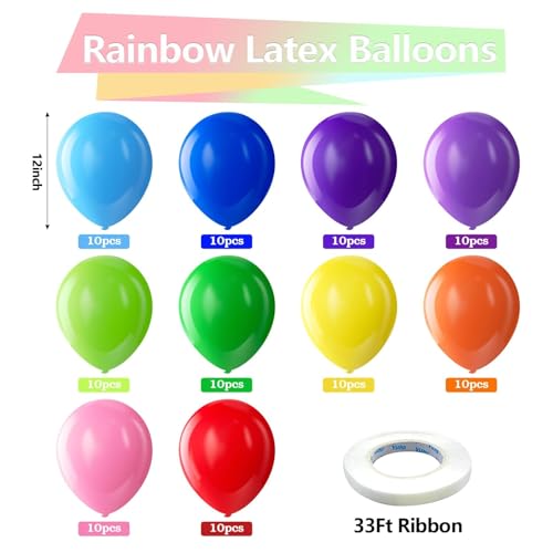 Bezente Assorted Latex Rainbow Balloons 100 Pack 12 Inch Party Decor
