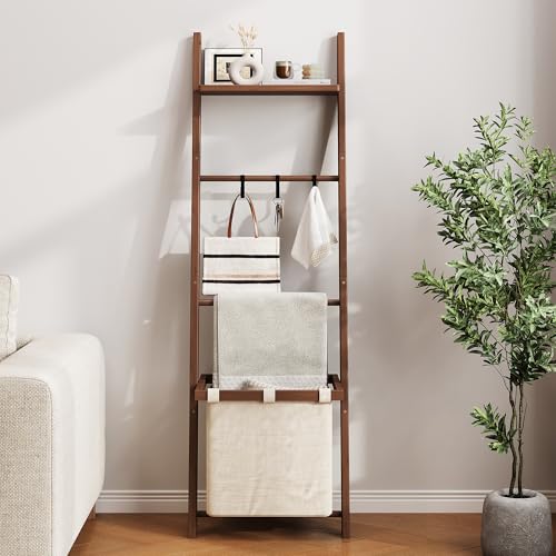 63-Inch Bamboo Blanket Ladder with Shelf, Fabric Basket, and 5 Hanging Hooks
