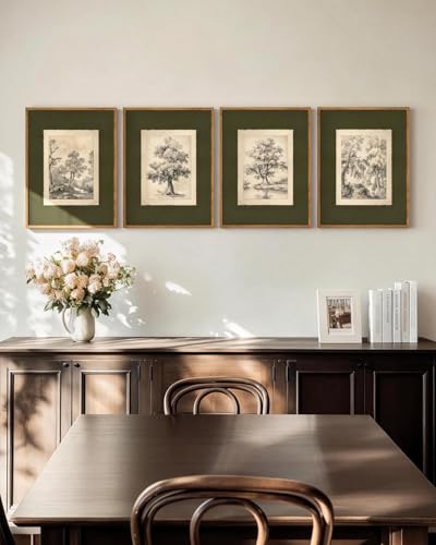 4-Piece Vintage Tree Sketch Wall Art Set, Framed Sage Green Nature Prints