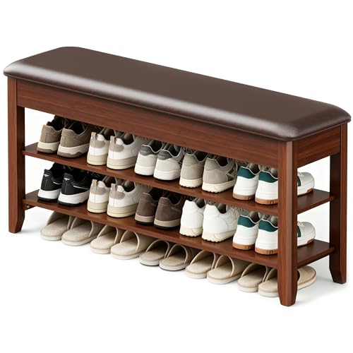 Solid Wood Shoe Bench with Hidden Storage and Adjustable Shelves, Walnut