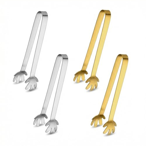 Mini Stainless Steel Ice Tongs Set of 4 - 4.7 Inch Serving & Bar Tongs