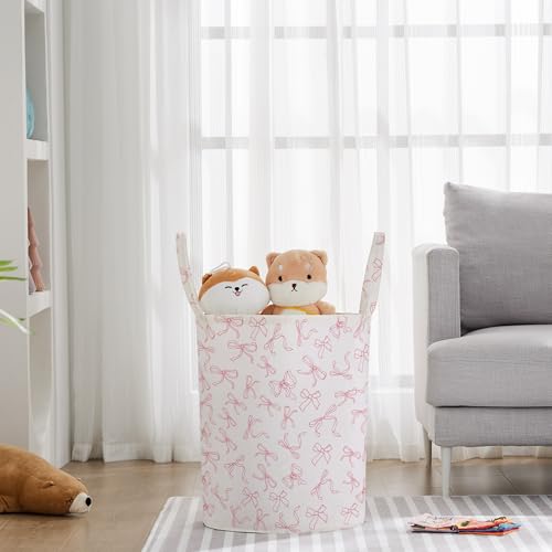 Large Cotton Canvas Nursery Laundry Basket with Handles and Bowknot