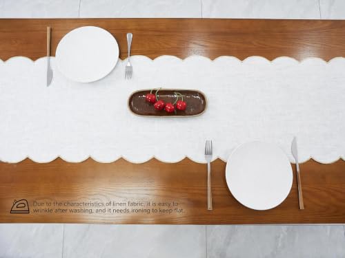 AORISSI 14x120 Inch White Linen Table Runner with Gold Edges, Rustic Embroidery, 100% Natural Flax