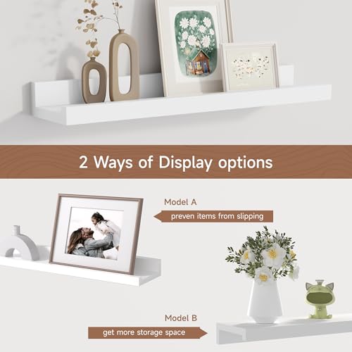 16-Inch White Floating Picture Ledge Shelves, Set of 2 Solid Wood Wall Shelves