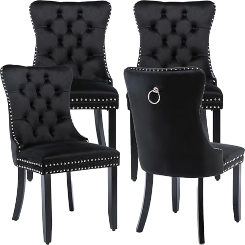 Set of 4 Black Velvet Dining Chairs, Tufted Upholstered Wing Back Chairs