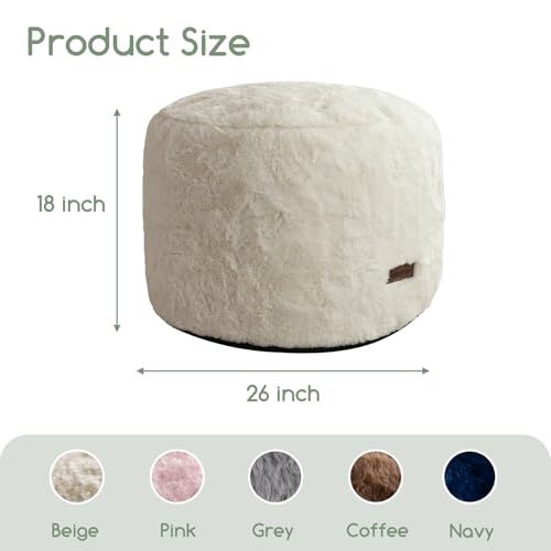 Fluffy Round Pouf Ottoman, 20-Inch Foam Filled Foot Rest Stool, Beige