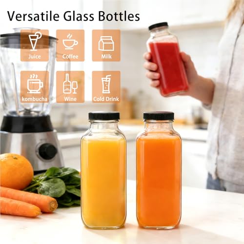 16 Pack 16 oz Glass Juice Bottles with Lids, Reusable Containers for Juicing