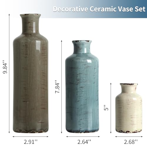 Ceramic Vases Set of 3 - Rustic Distressed Coastal Decor for Shelves & Tables