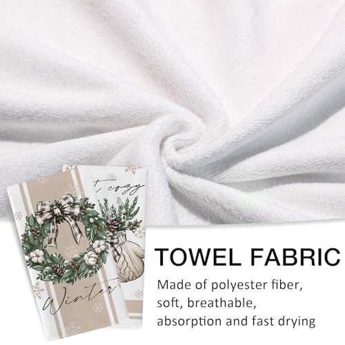 Seliem Winter Wreath & Mitten Kitchen Dish Towels Set of 2 - Brown, Holiday Decor