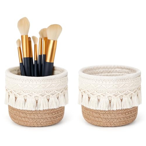 Mkono Mini Boho Macrame Makeup Brush Holder Set of 2 - Yellow & White, X-Small
