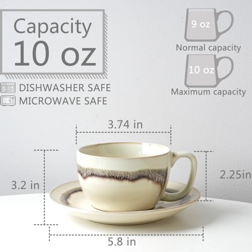 Bosmarlin 10 Oz Ceramic Cappuccino Cup & Saucer Set of 2 - Beige, Dishwasher & Microwave Safe