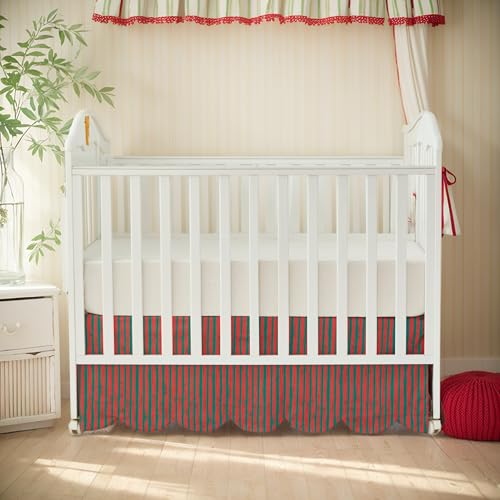 Brandream Red & Green Stripes Cotton Crib Skirt with Scallop Edges Holiday Nursery Bedding