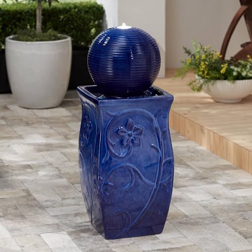 29-Inch Ceramic Outdoor Floor Fountain with LED Light, Blue Sphere Design