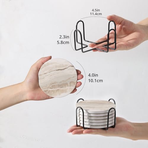Absorbent Ceramic Drink Coasters Set with Holder - 4-Inch Non-Slip Cork Base