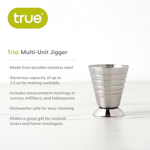 TRUE Trio Multi-Unit Drink Measure - Stainless Steel Jigger with Oz, Ml, & Tbsp Markings, 2.5oz Barware