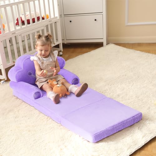 Foldable Toddler Flip Out Sofa Chair - Soft Plush Crown Kids Couch, Purple