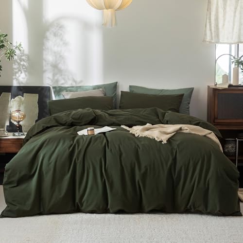 100% Washed Cotton Queen Duvet Cover Set - Soft Linen Feel Bedding, Olive Green