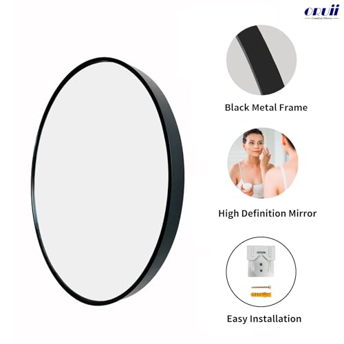 24-Inch Round Wall Mirror, Matte Black Metal Frame for Bathroom and Vanity