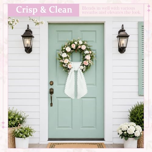 White Cotton Wreath Sash with Ric Rac Trim for Front Door Decor