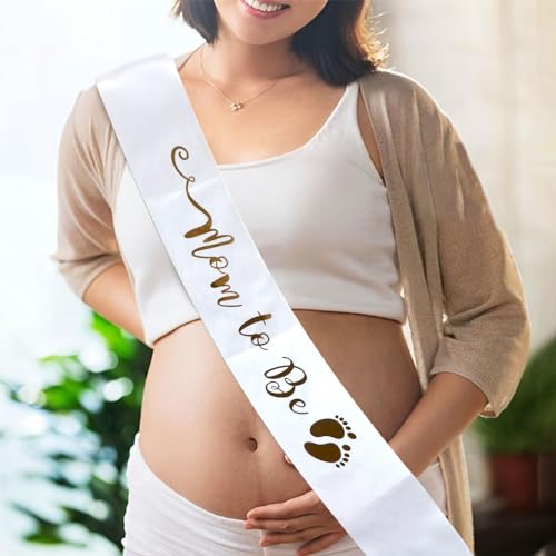 Mom To Be Sash - White Satin with Gold Print for Baby Shower