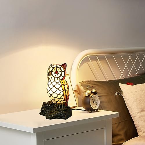 Cute Owl Tiffany Style Stained Glass Table Lamp with LED Night Light