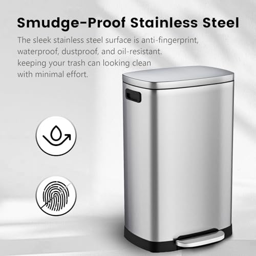 13 Gallon Stainless Steel Kitchen Trash Can with Soft Close Lid and Pedal