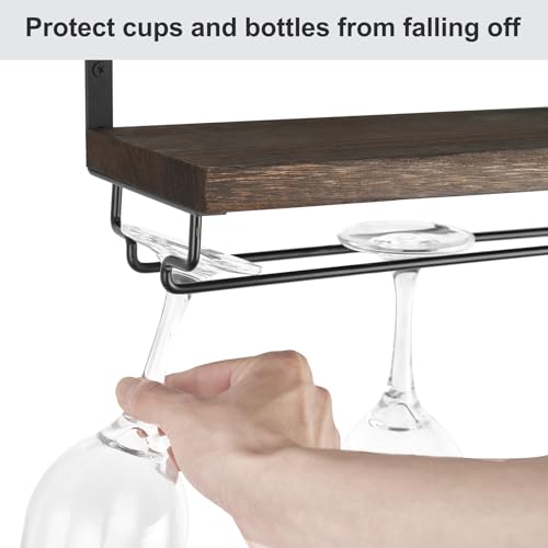 Wall Mounted Wine Rack Set of 2 - 17 Inch Rustic Wood Shelves with Glass Hanger
