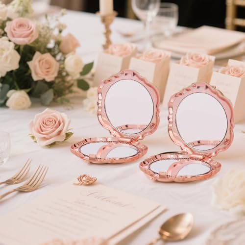 Rose Shaped Compact Mirror Set - 2 Pcs Rose Gold Pocket Mirrors for Favors